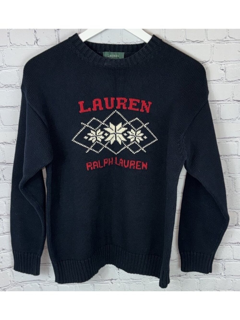RALPH LAUREN Navy Blue Pullover Sweater Snowflake Logo Vintage Size Medium